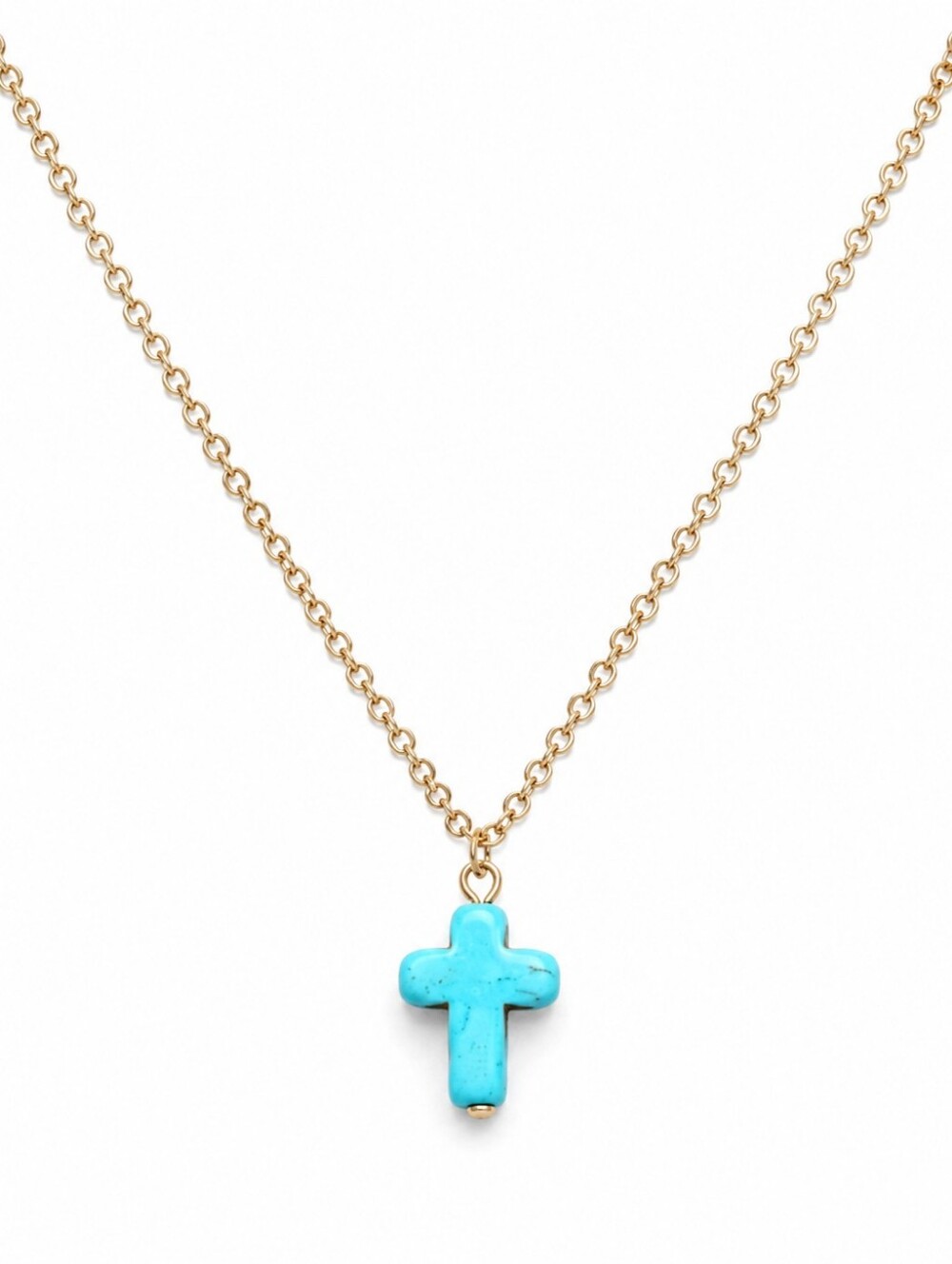 Turquoise Cross Pendant Necklace Gold Tone Chain Christian Faith Boho Minimalist